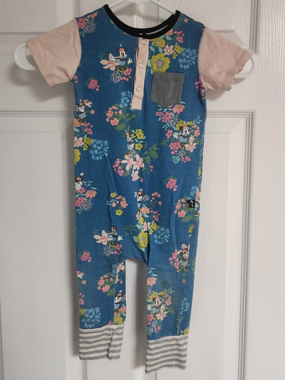 RAGS Disney Blue Floral Minnie Mouse Short-Sleeve Romper with Pink Sleeves
